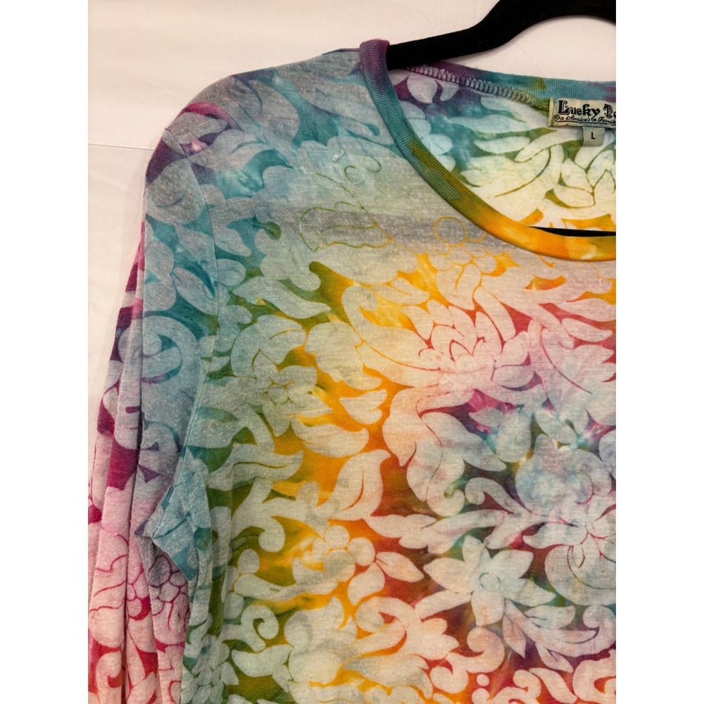 Lucky Brand Y2K Burnout Tee Large Women Multicolor Tie Dye Top Vintage USA Made - Picture 2 of 8